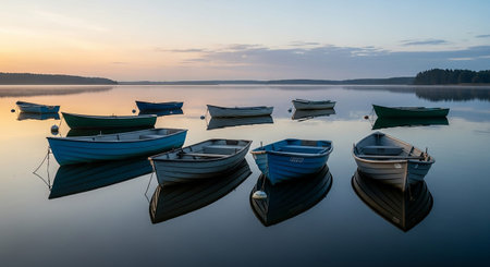 Boats on the lake at sunrise. Beautiful summer landscape with wooden boats.の素材