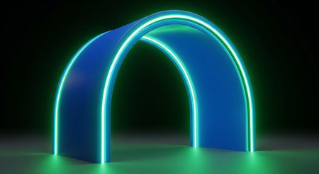 3D rendering of an arch with neon lights in a dark roomの素材