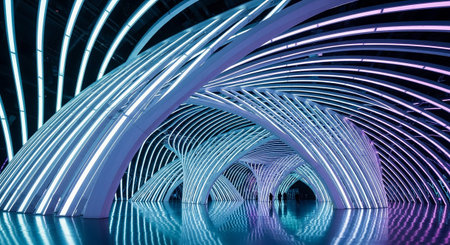 3D rendering. Futuristic corridor with glowing neon lights. Futuristic interior design.の素材