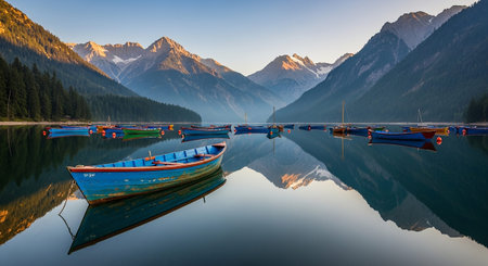 Fishing boats at the shore of Strbske Pleso lake, Slovakiaの素材