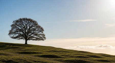Lonely oak tree on a hill with a blue sky backgroundの素材