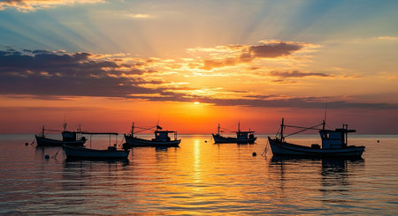 Fishing boats in the sea at sunset. Beautiful landscape of Thailandの素材
