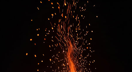 sparks from hot coals at night, closeup of photoの素材