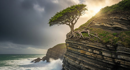 Beautiful seascape with a lone tree on the cliff.の素材