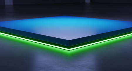 3d rendering of a blue and green glowing square in a dark roomの素材