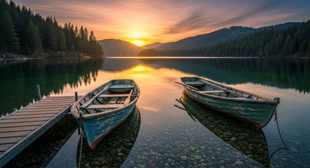Fishing boats on the shore of a beautiful lake at sunset.の素材