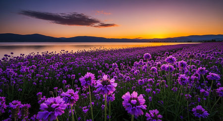 Lavender flowers blooming in the field at sunset, Thailand.の素材