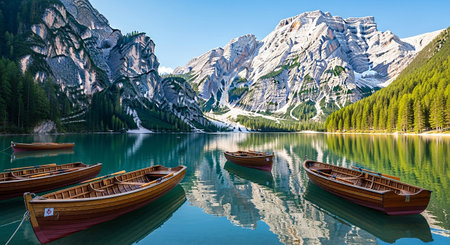 Lago di Braies (Lago di Braies) with boats, Dolomites, Italyの素材