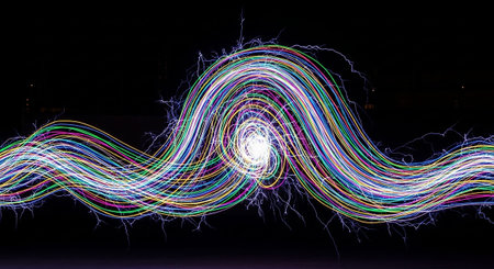Colorful electric light trails in the dark. Long exposure photo.の素材