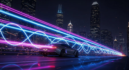Car on the road with light trails and cityscape background at nightの素材