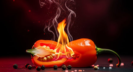 Red hot chili peppers with flame and smoke on a black background.の素材