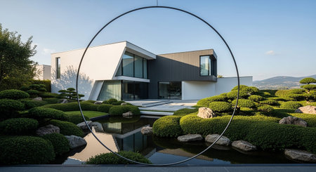 Luxury house in the garden, view through a circular frameの素材