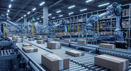 Automated production line in the factory. Industrial background. 3d renderingの素材