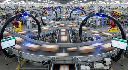 Modern automated production line in a factory. Industrial background. 3d renderingの素材