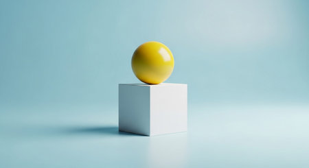 Yellow ball on a white cube. Minimal concept. 3d renderingの素材