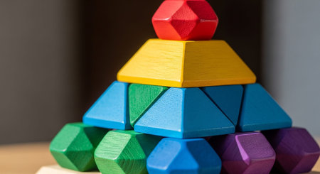 Colorful wooden building blocks in the form of a pyramid on the tableの素材
