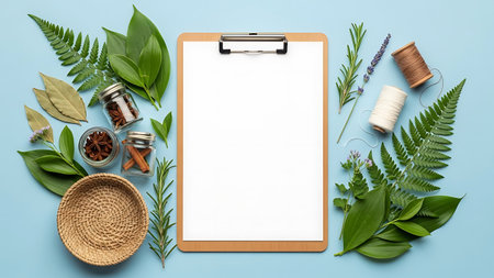 Stock showing clipboard with herbs spices and craft supplies on blue background. High resolution image suitable for commercial use.の素材