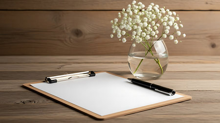 Stock showing clipboard with pen and flowers on wooden table. High resolution image suitable for commercial use.の素材