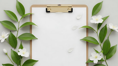 A clipboard with blank white paper is framed by lush green leaves and delicate white flowers on a light background.の素材