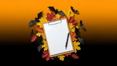 A clipboard with blank paper is surrounded by black bats and colorful autumn leaves against an orange and black gradient background.の素材