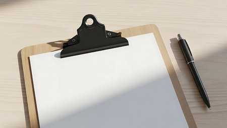 Stock showing close-up of clipboard with blank paper and pen on a wooden surface. High resolution image suitable for commercial use.の素材