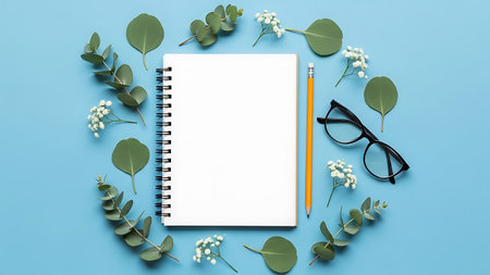 Stock showing overhead view of a blank notebook surrounded by eucalyptus leaves and white flowers on a blue background. High resolution image...の素材