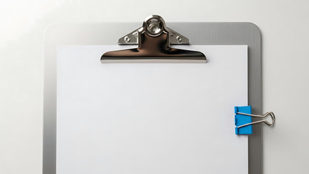 A close-up view of a metal clipboard with blank white paper and a blue binder clip. Clear details and vibrant colors enhance visual appeal.の素材