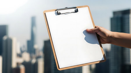 A hand holds a blank clipboard against a blurred city skyline under bright sunlight. Clear details and vibrant colors enhance visual appeal.の素材
