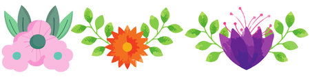 Gorgeous multicolored blooming flowers and leaves border. Spring botanical flat vector illustration on white backgroundのイラスト素材
