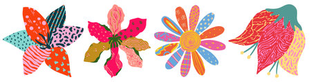 Gorgeous multicolored blooming flowers and leaves border. Spring botanical flat vector illustration...