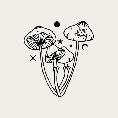 Vector line art magical mushrooms. black line vector art.のイラスト素材