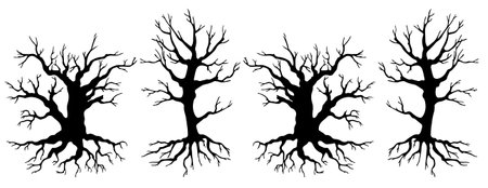 Set of black silhouettes of trees with roots. Vector illustration.のイラスト素材