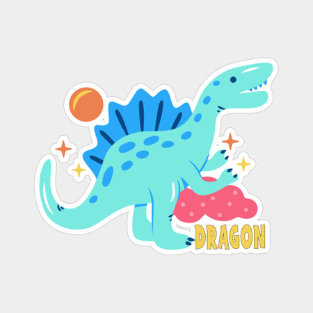 Cute cartoon dinosaur sticker. Vector illustration for childrens design.のイラスト素材