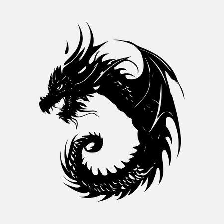 Dragon head tattoo on white background, black and white vector illustration.のイラスト素材