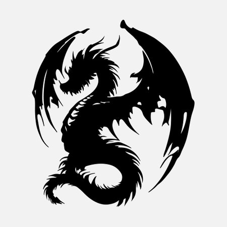 Dragon black silhouette isolated on white background. Tattoo design element. Vector illustration.のイラスト素材