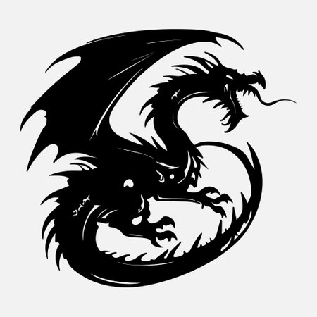 Dragon head tattoo in black on a white background, vector illustration.のイラスト素材