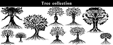 Set of black and white silhouettes of oak trees. Vector illustrationのイラスト素材