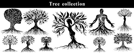 Set of black and white vector illustrations of tree silhouettes with roots.のイラスト素材