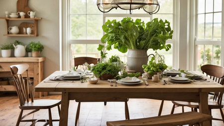 Dining Room Interior Decorated With Fresh Herbs And Plantsの素材