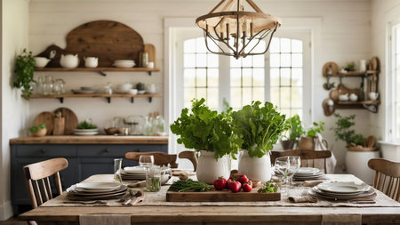 Kitchen Interior Decorated with Fresh Vegetables and Tablewareの素材