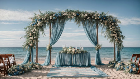 Wedding ceremony on the beach. Wedding arch decorated with flowersの素材