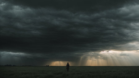 A silhouette of a man standing in the middle of a field with a dramatic stormy sky.の素材