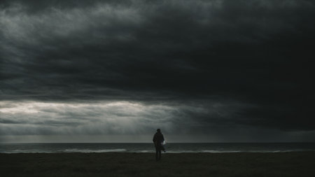 Man standing on the beach in stormy weather looking at the seaの素材