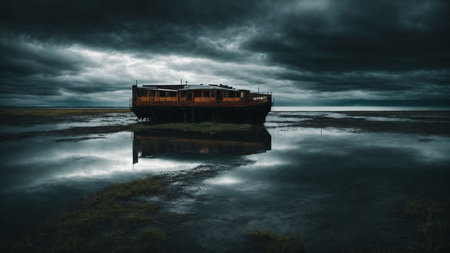 Abandoned shipwreck in the sea. Dramatic sky.の素材