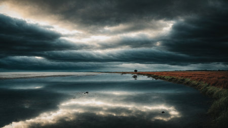 Dramatic sky over the sea. Dramatic sky, dark clouds. Symmetry reflections on the water.の素材