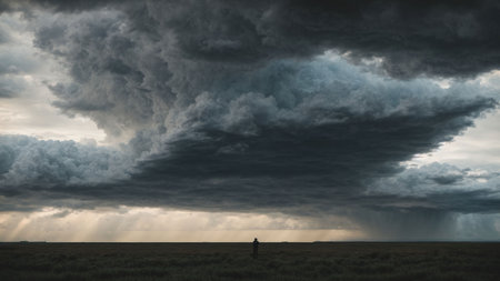A man standing in the middle of a stormy field with dramatic sky.の素材