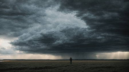 Dramatic stormy sky over the field with silhouette of a manの素材
