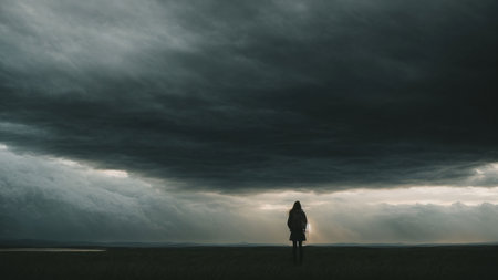Man walking in the field with dramatic sky and stormy clouds.の素材