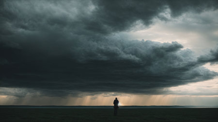 Stormy weather in the field. Silhouette of a man standing in front of a stormy skyの素材