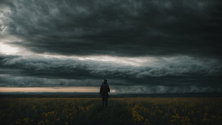 Man standing in the middle of a rapeseed field with stormy skyの素材